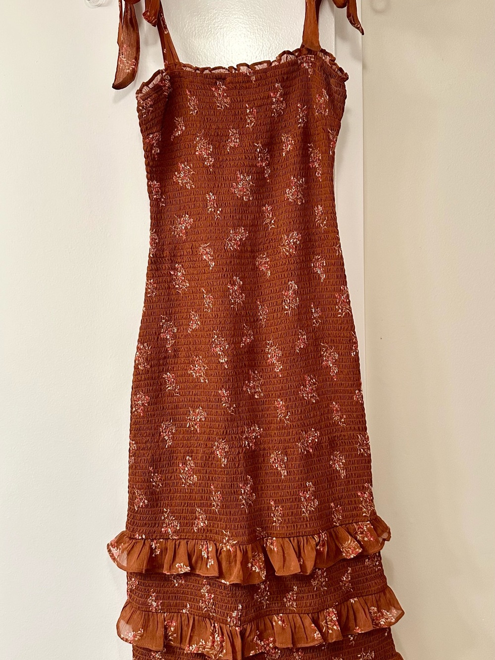 Abercrombie & Fitch Rust Floral Smocked Tie-Shoulder Maxi Dress